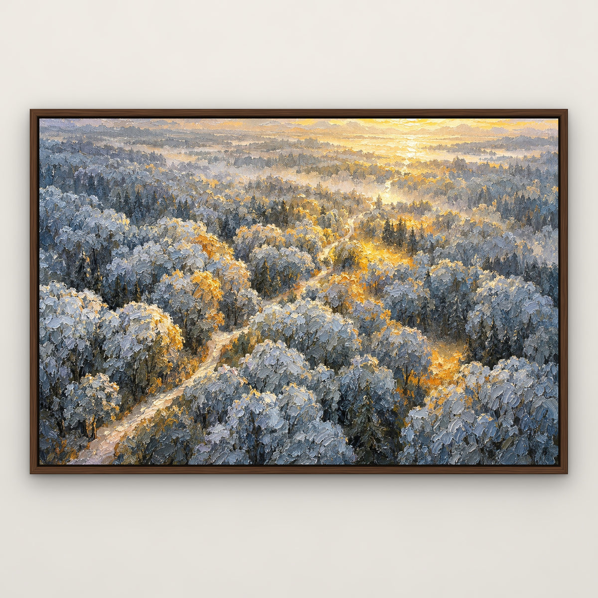 Silver Forest Glow, blue landscape hand-painted canvas wall art in a slim walnut float frame – Gallery 23
