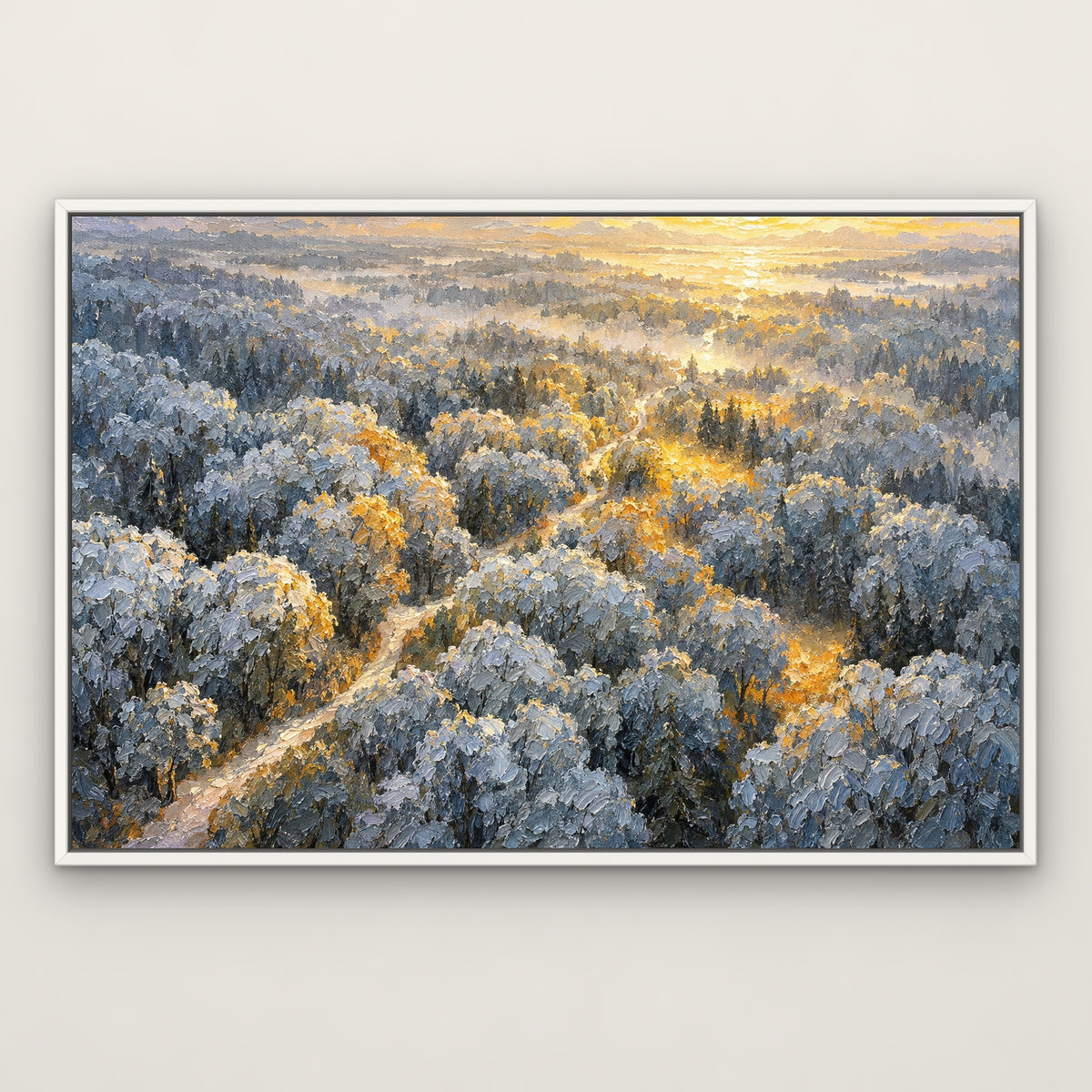 Silver Forest Glow, blue landscape hand-painted canvas wall art in a slim white float frame – Gallery 23