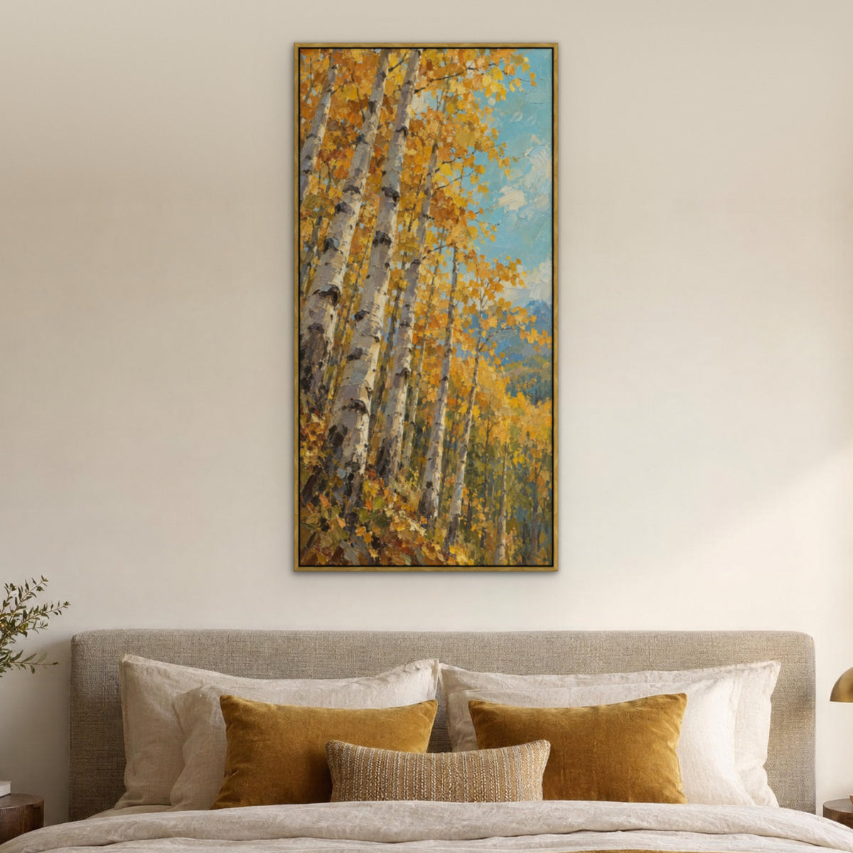 Aspen Sky, blue landscape hand-painted canvas wall art in a bedroom – Gallery 23