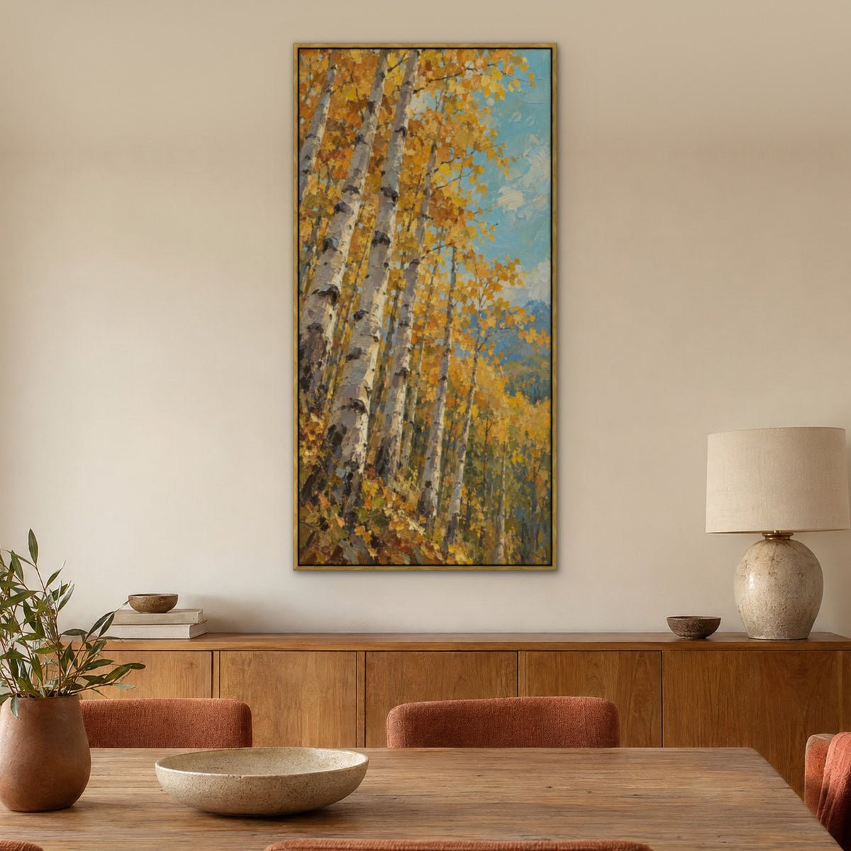 Aspen Sky, blue landscape hand-painted canvas wall art in a dining room – Gallery 23