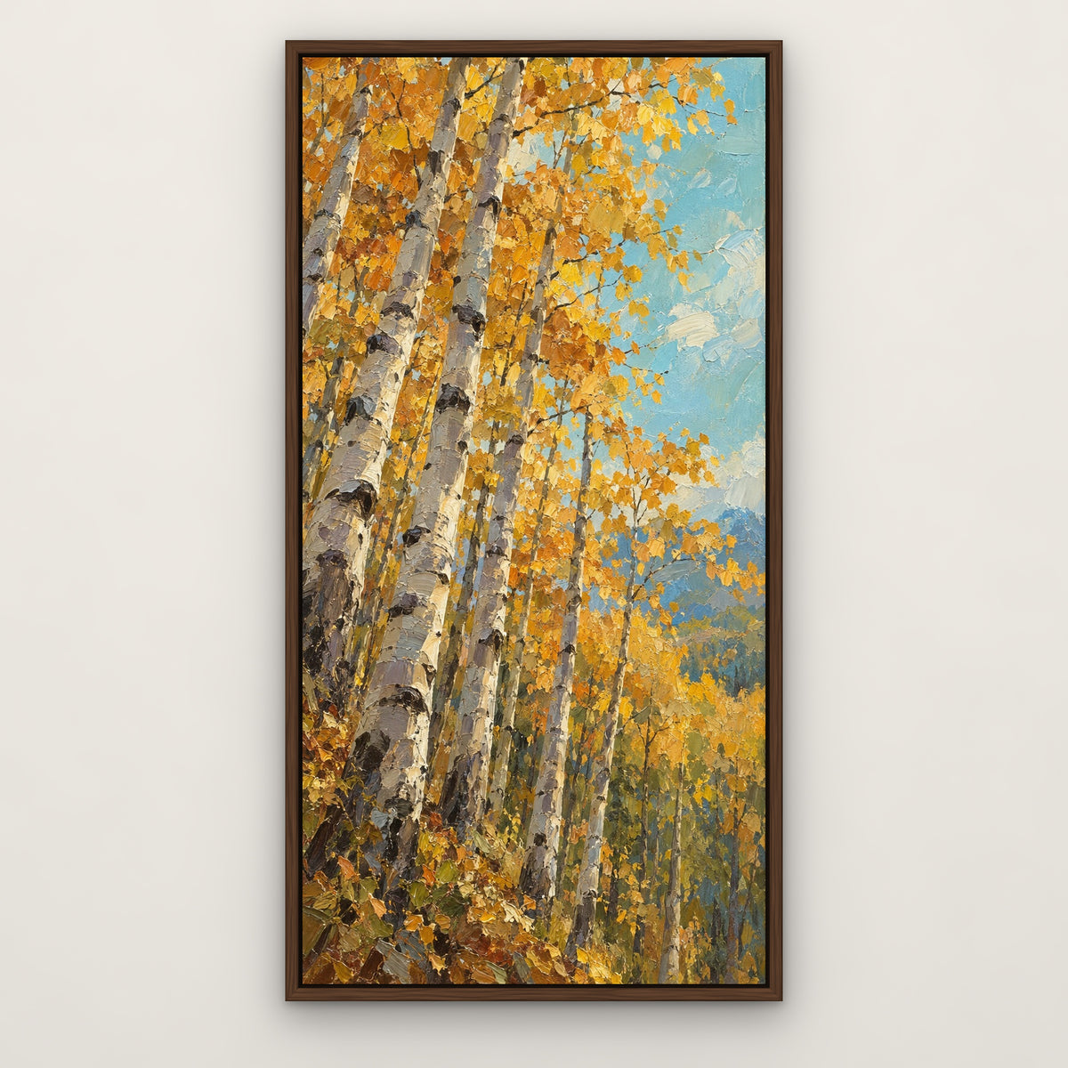 Aspen Sky, blue landscape hand-painted canvas wall art in a slim walnut float frame – Gallery 23
