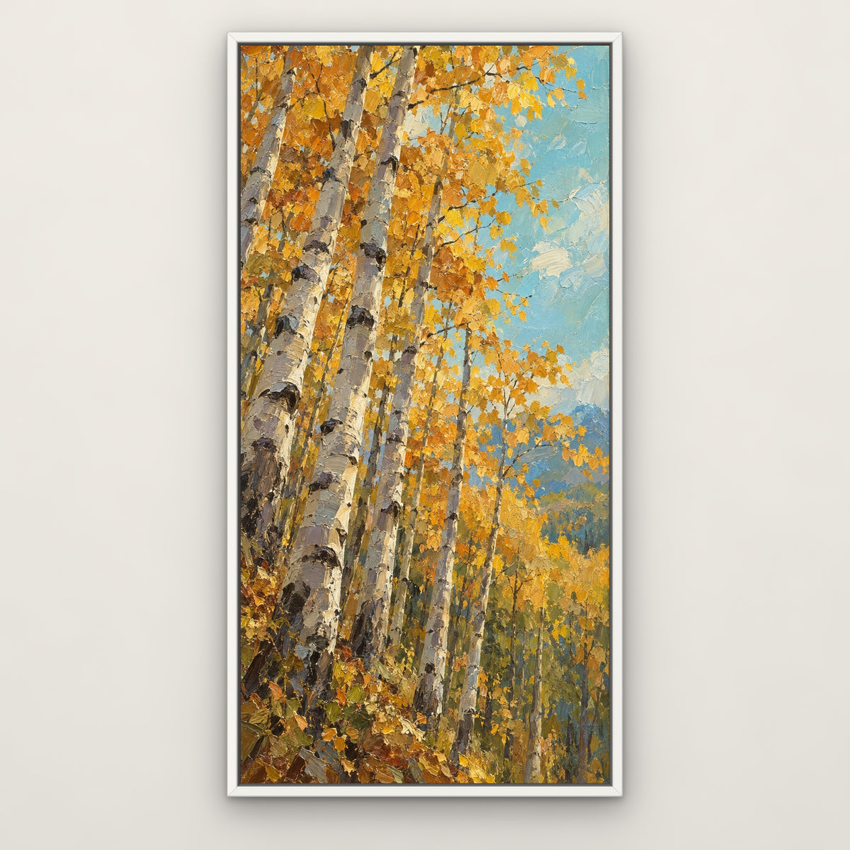 Aspen Sky, blue landscape hand-painted canvas wall art in a slim white float frame – Gallery 23