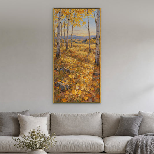 Aspen Sky II, yellow hand-painted canvas wall art in a living room – Gallery 23