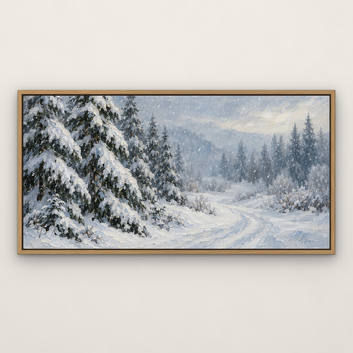 Snowy Pines, blue landscape hand-painted canvas wall art in a slim oak float frame – Gallery 23