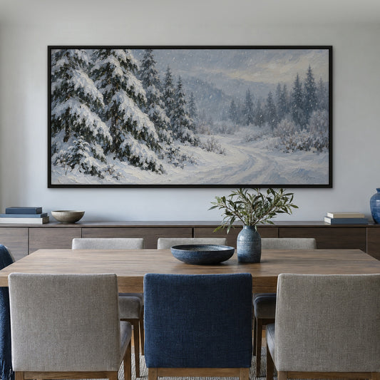 Snowy Pines, blue landscape hand-painted canvas wall art in a dining room – Gallery 23