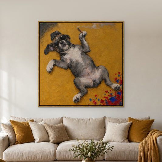 Cigar Pup in Shades, black and white pop art hand-painted canvas wall art in a living room – Gallery 23