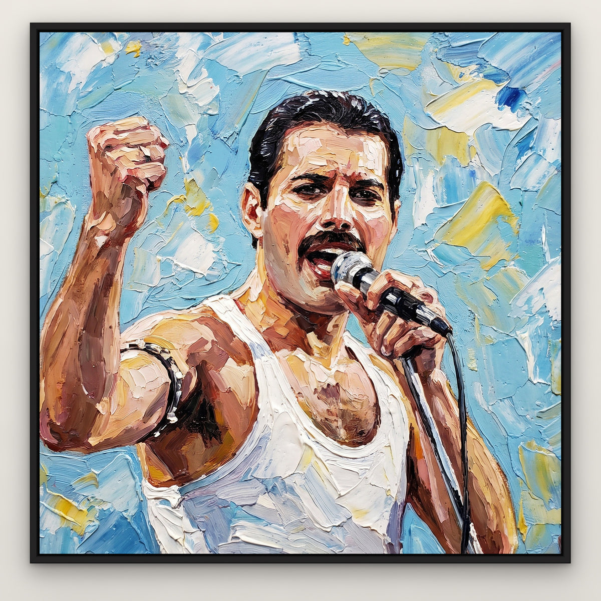 Freddie, blue portrait hand-painted canvas wall art in a slim black float frame – Gallery 23