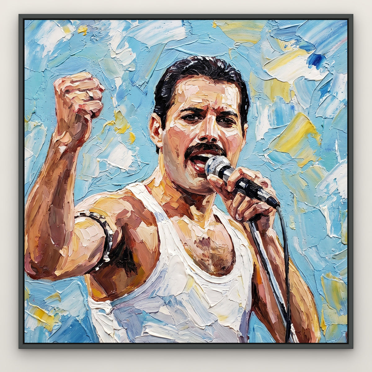 Freddie, blue portrait hand-painted canvas wall art in a slim dark grey float frame – Gallery 23