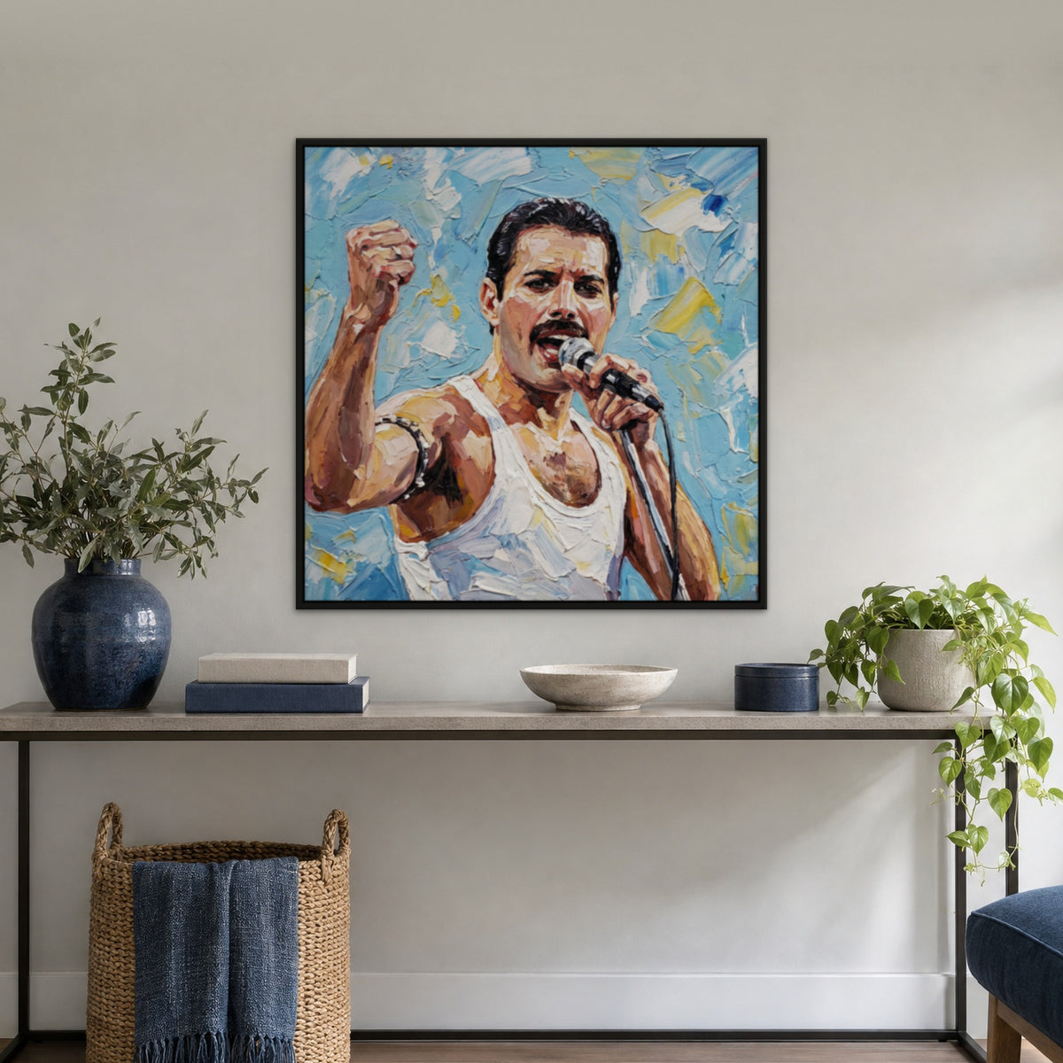 Freddie, blue portrait hand-painted canvas wall art in a hallway – Gallery 23
