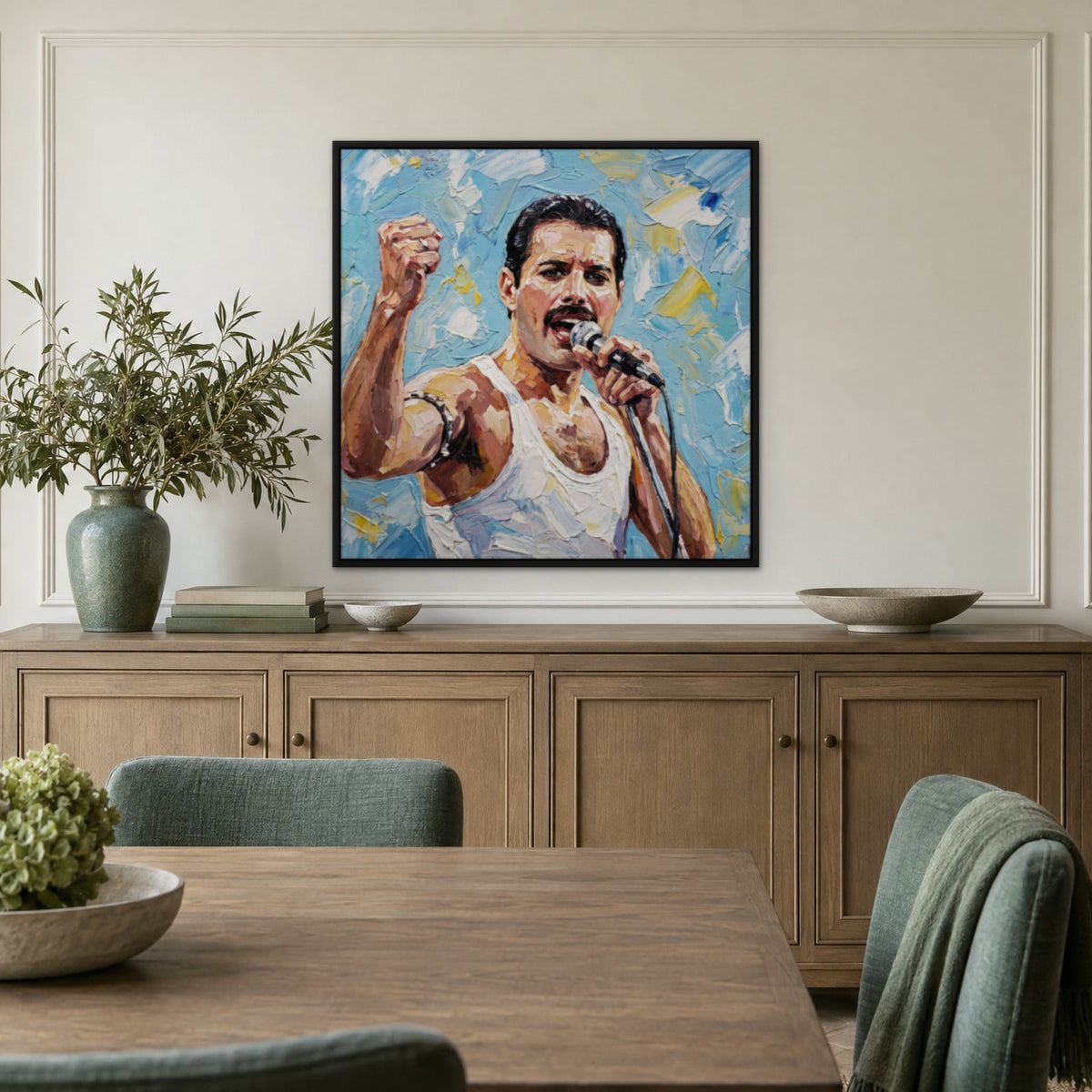 Freddie, blue portrait hand-painted canvas wall art in a dining room – Gallery 23