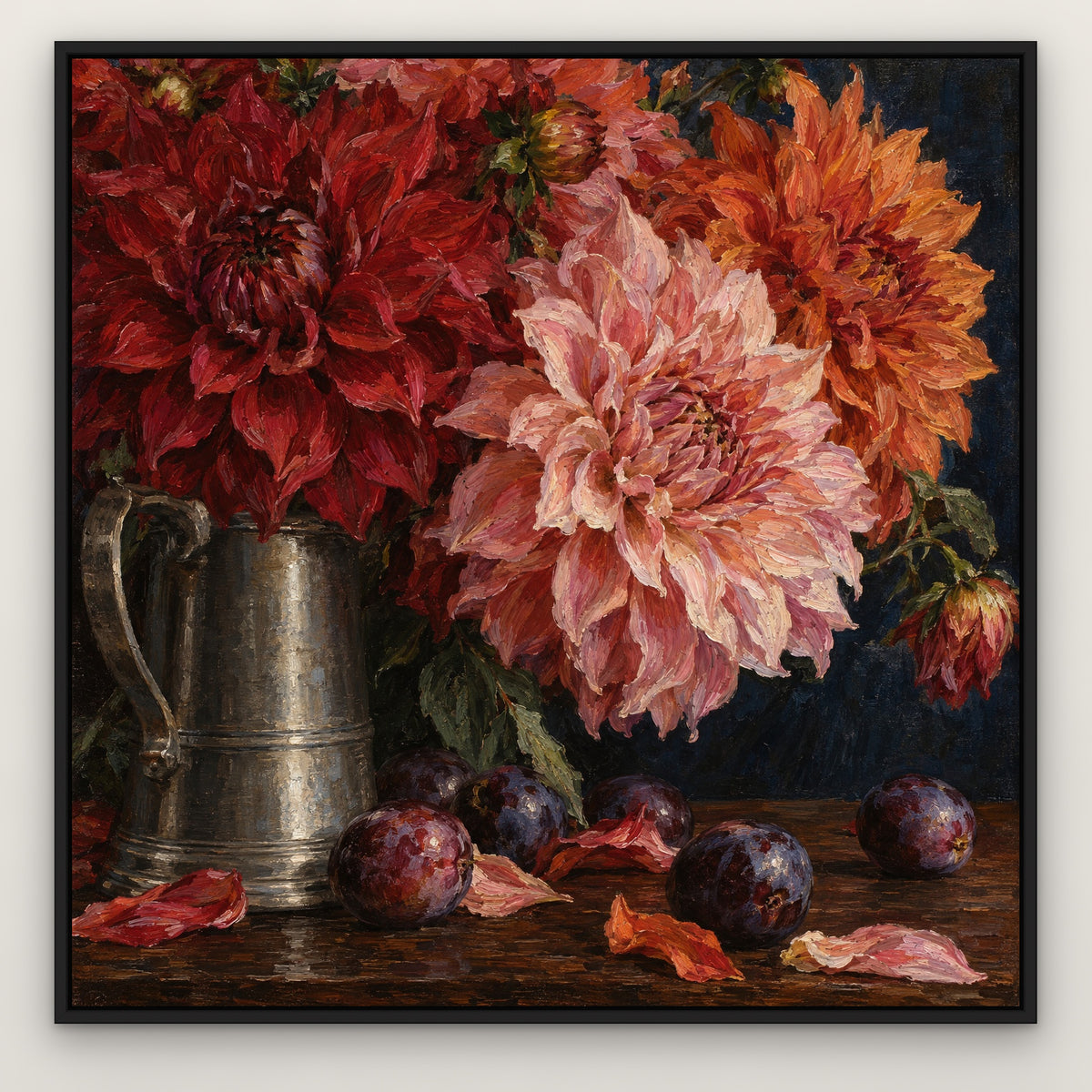 Dahlia Feast, blue floral hand-painted canvas wall art in a slim black float frame – Gallery 23