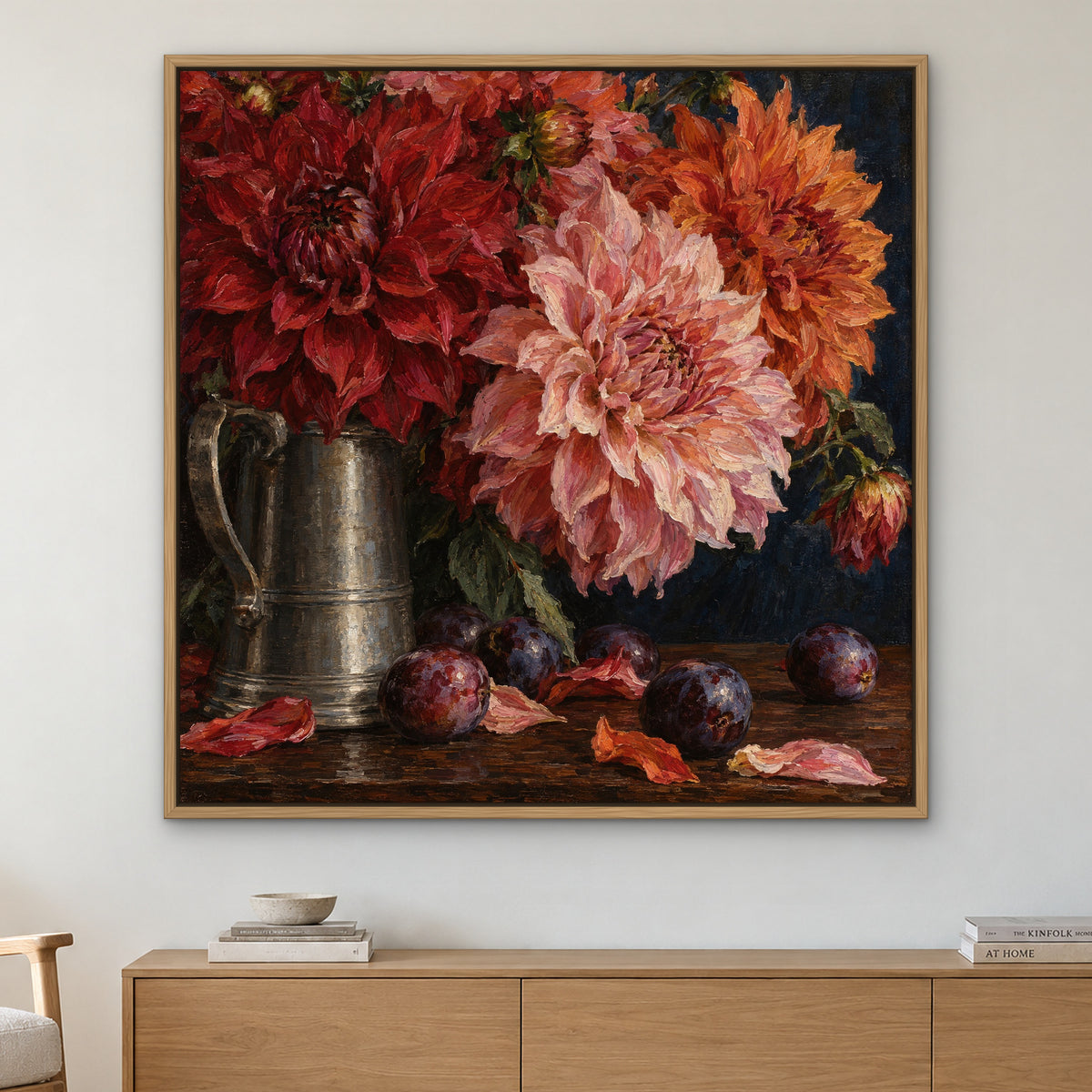 Dahlia Feast, blue floral hand-painted canvas wall art in a living room – Gallery 23