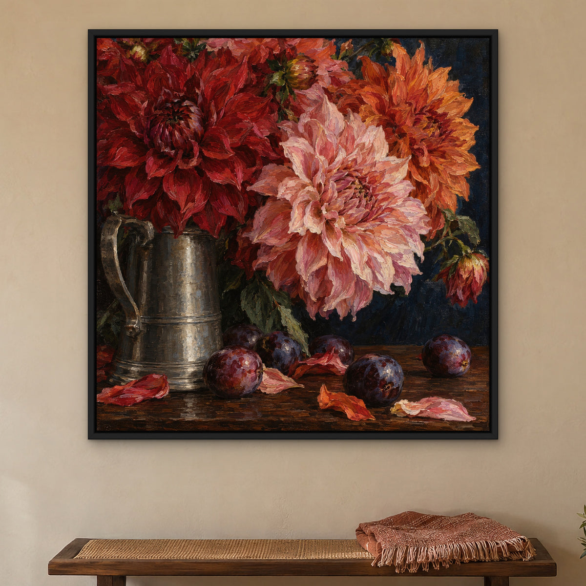 Dahlia Feast, blue floral hand-painted canvas wall art in a bedroom – Gallery 23