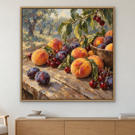 Orchard Bounty, red still life hand-painted canvas wall art in a living room – Gallery 23