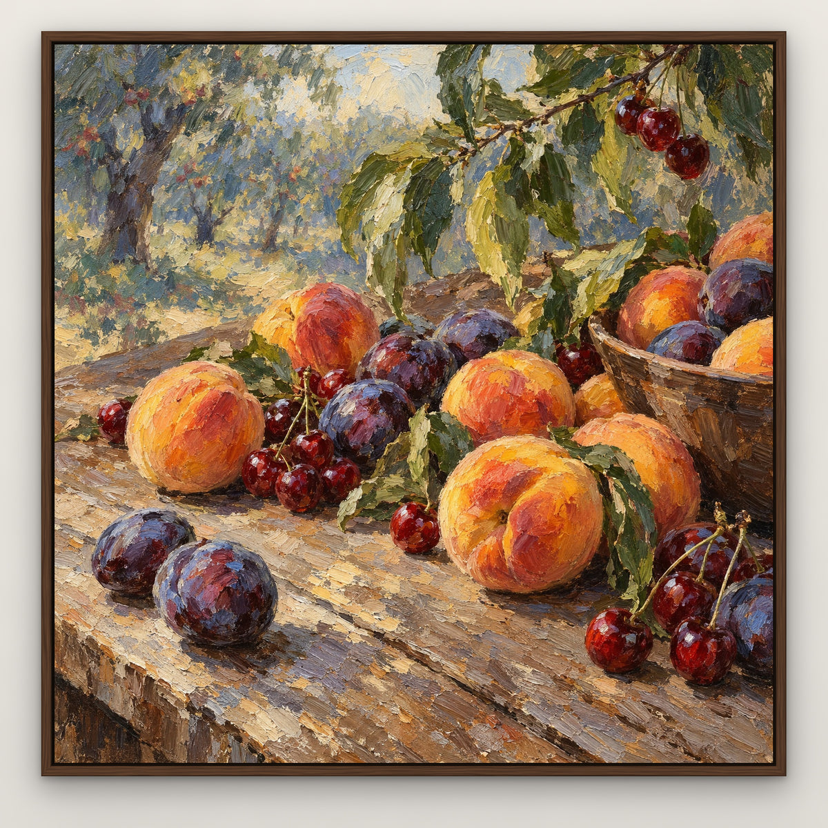 Orchard Bounty, red still life hand-painted canvas wall art in a slim walnut float frame – Gallery 23