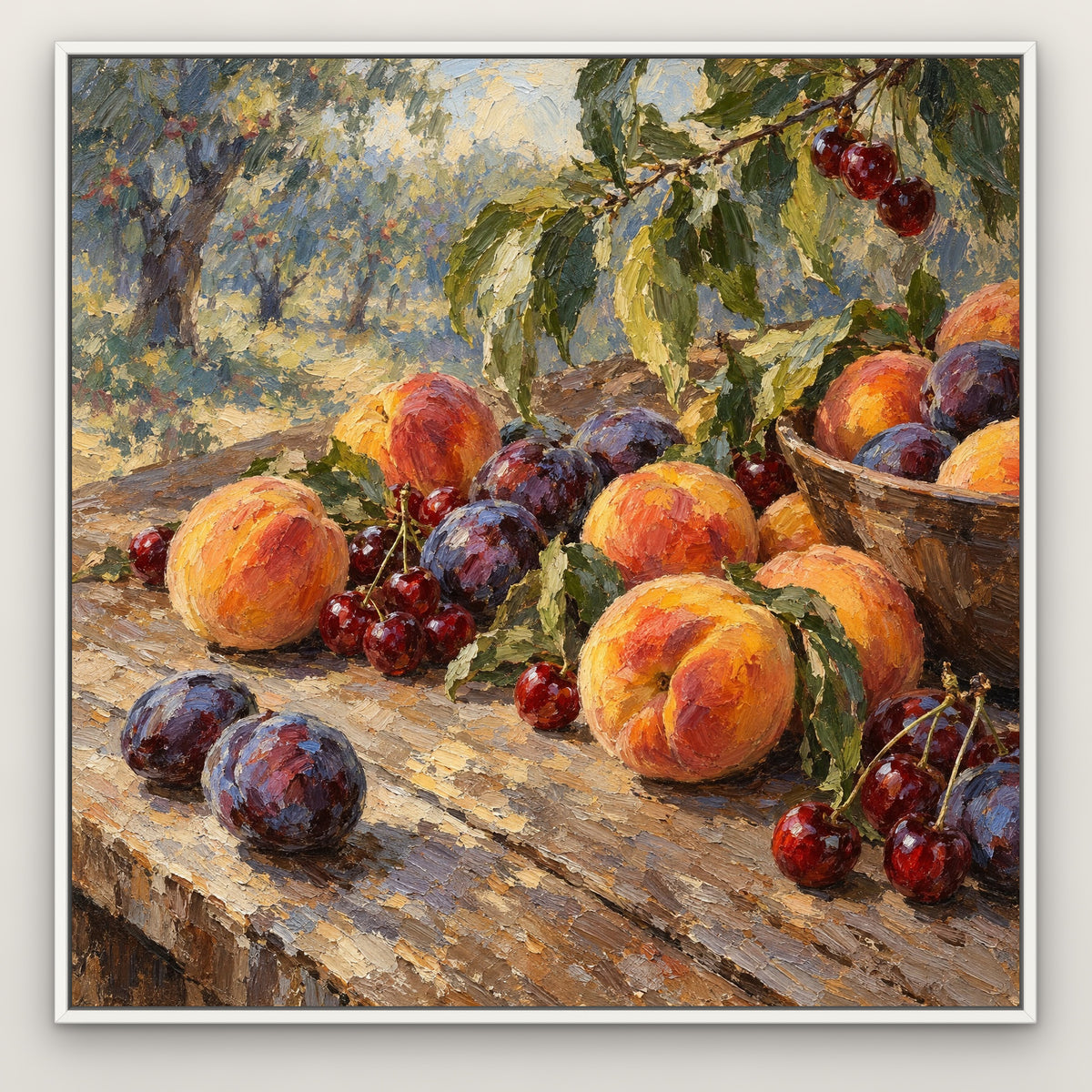 Orchard Bounty, red still life hand-painted canvas wall art in a slim white float frame – Gallery 23