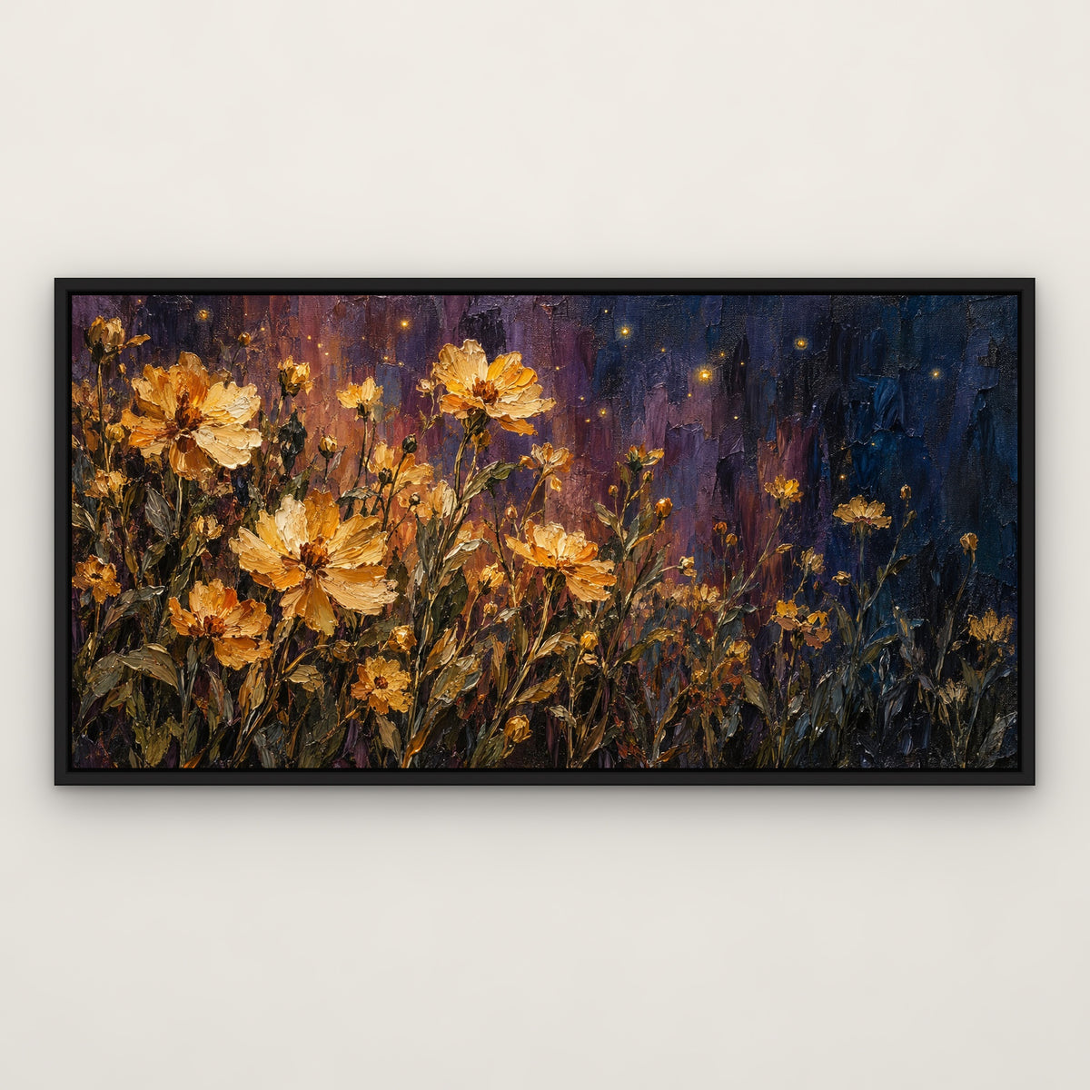 Golden Wildflower Night, colourful floral hand-painted canvas wall art in a slim black float frame – Gallery 23