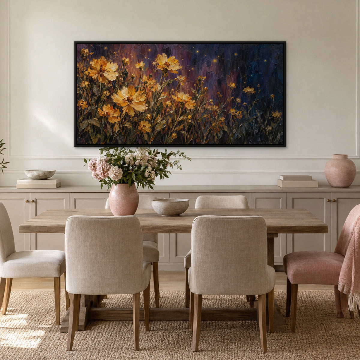 Golden Wildflower Night, colourful floral hand-painted canvas wall art in a dining room – Gallery 23