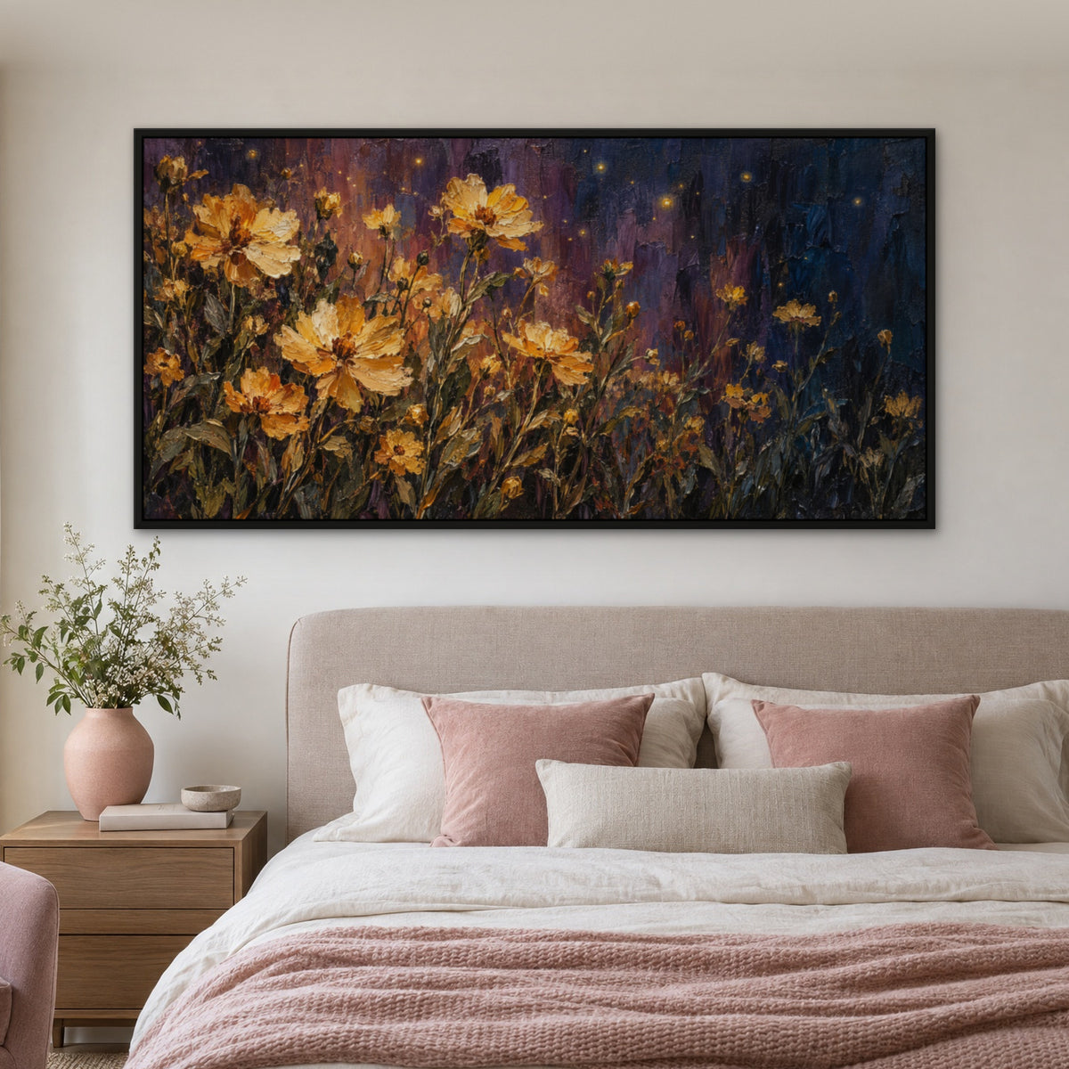 Golden Wildflower Night, colourful floral hand-painted canvas wall art in a bedroom – Gallery 23