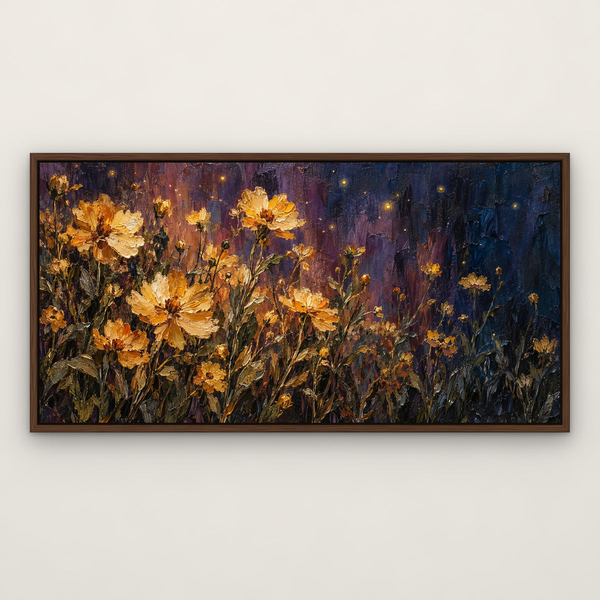 Golden Wildflower Night, colourful floral hand-painted canvas wall art in a slim walnut float frame – Gallery 23
