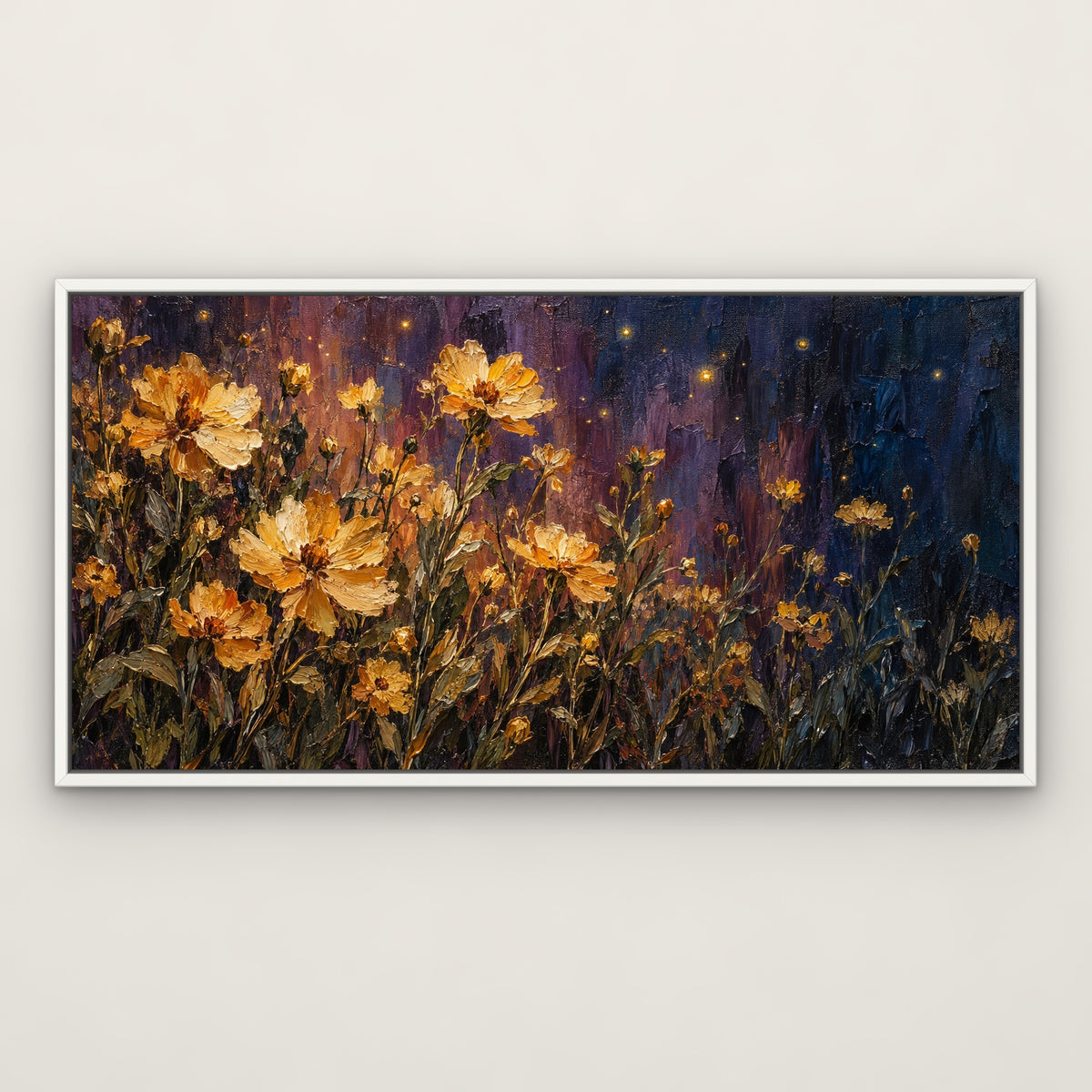 Golden Wildflower Night, colourful floral hand-painted canvas wall art in a slim white float frame – Gallery 23