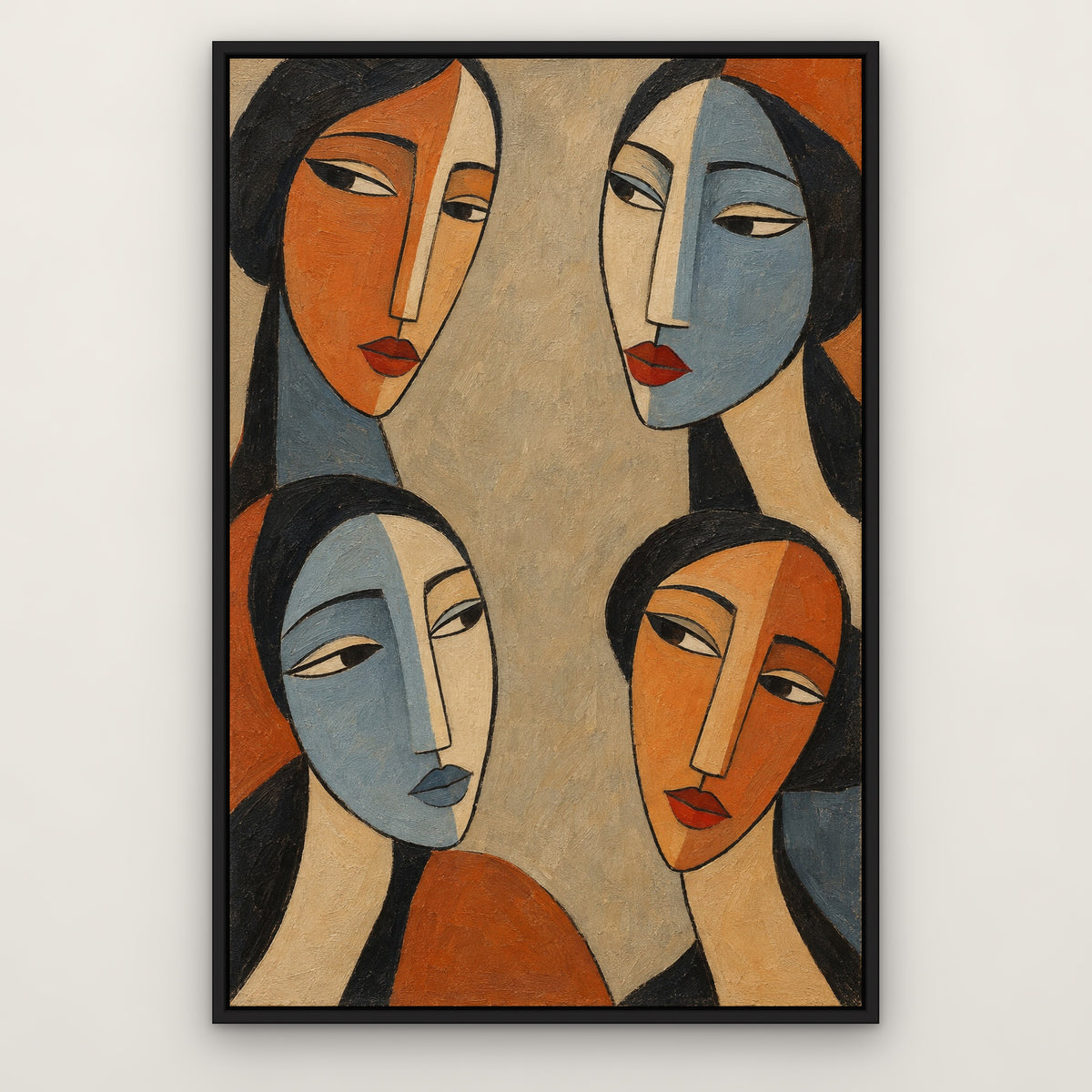 Four Faces, colourful abstract hand-painted canvas wall art in a slim black float frame – Gallery 23