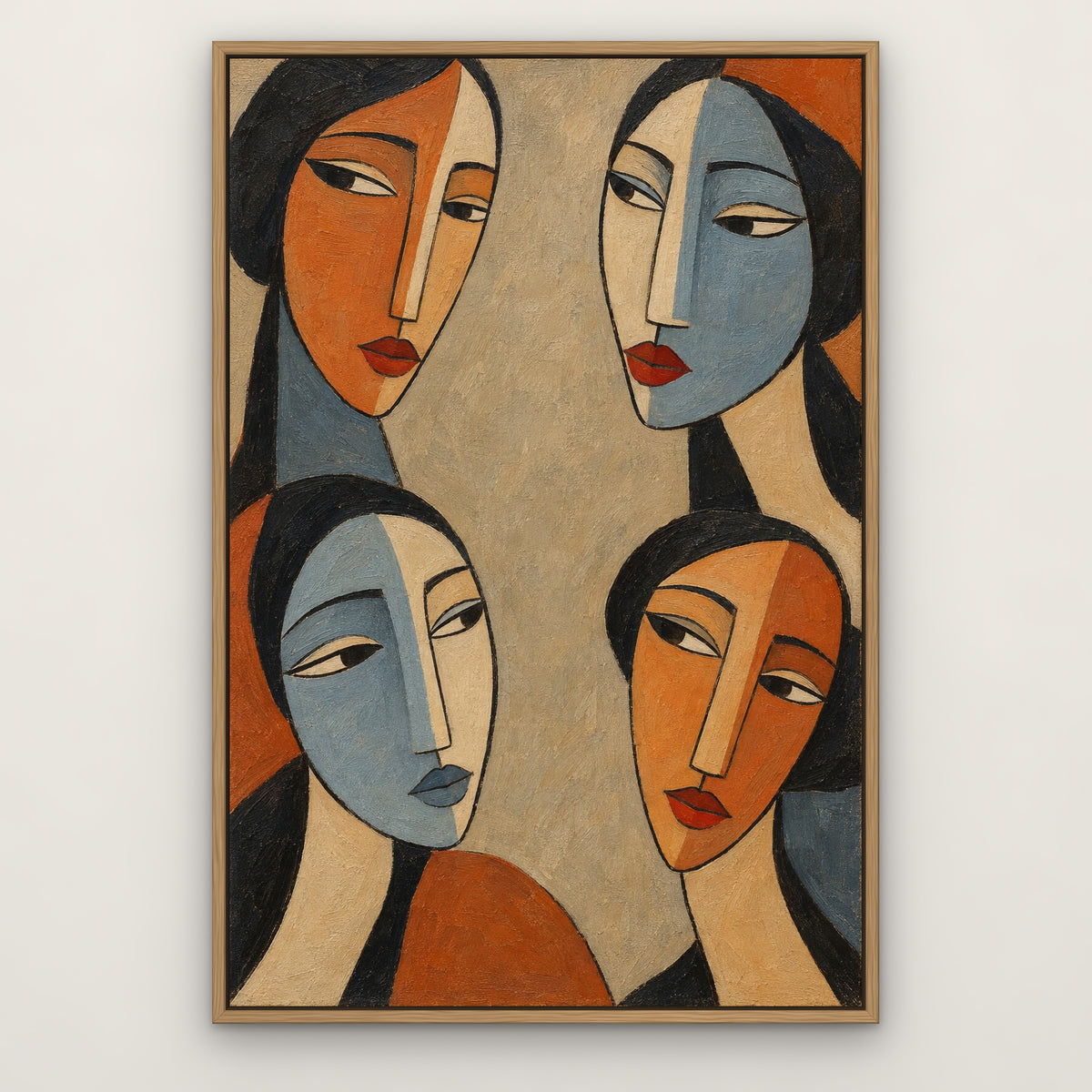 Four Faces, colourful abstract hand-painted canvas wall art in a slim oak float frame – Gallery 23