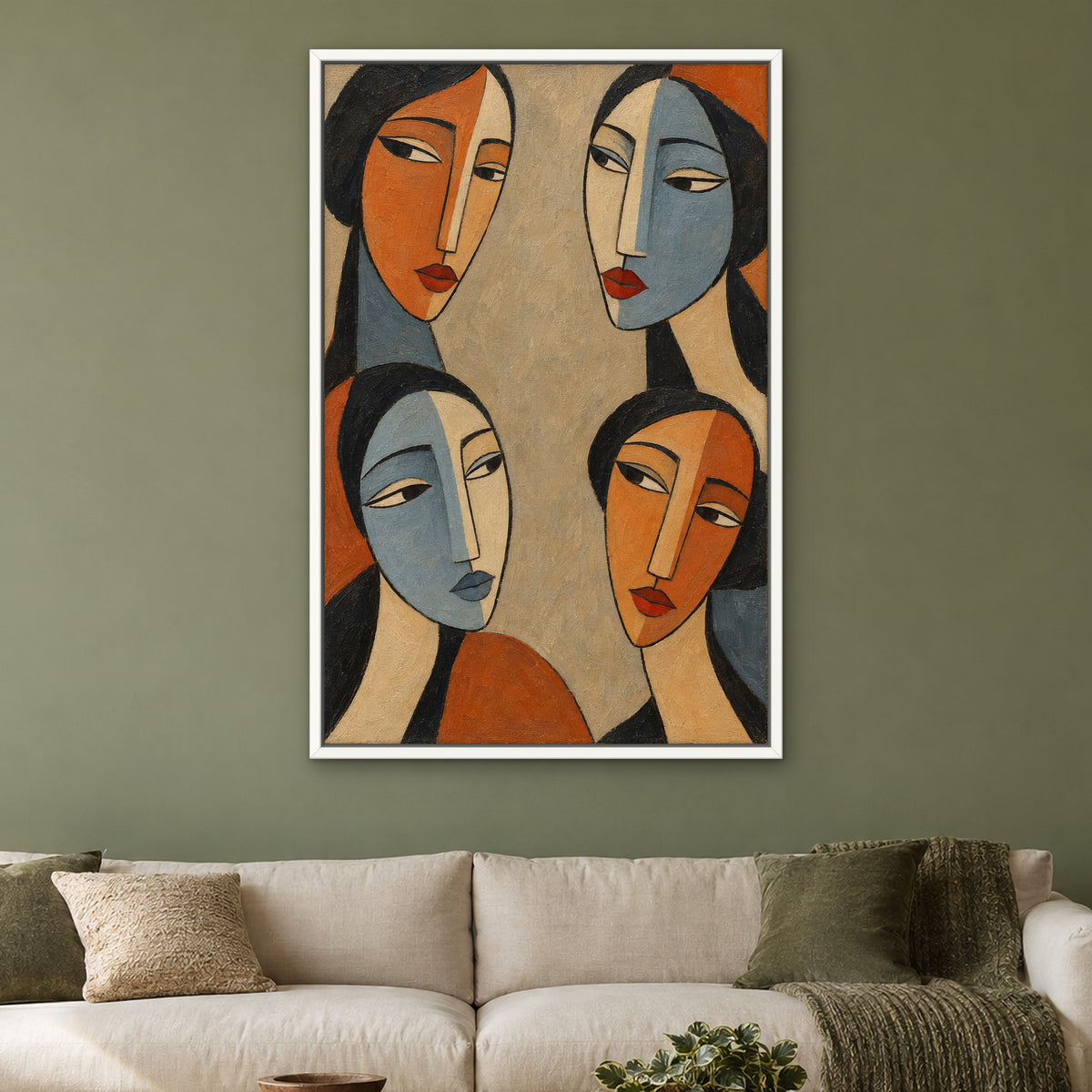 Four Faces, colourful abstract hand-painted canvas wall art in a living room – Gallery 23