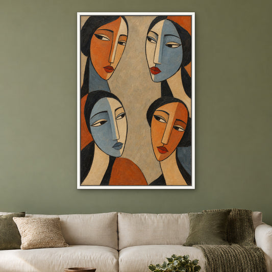 Four Faces, colourful abstract hand-painted canvas wall art in a living room – Gallery 23