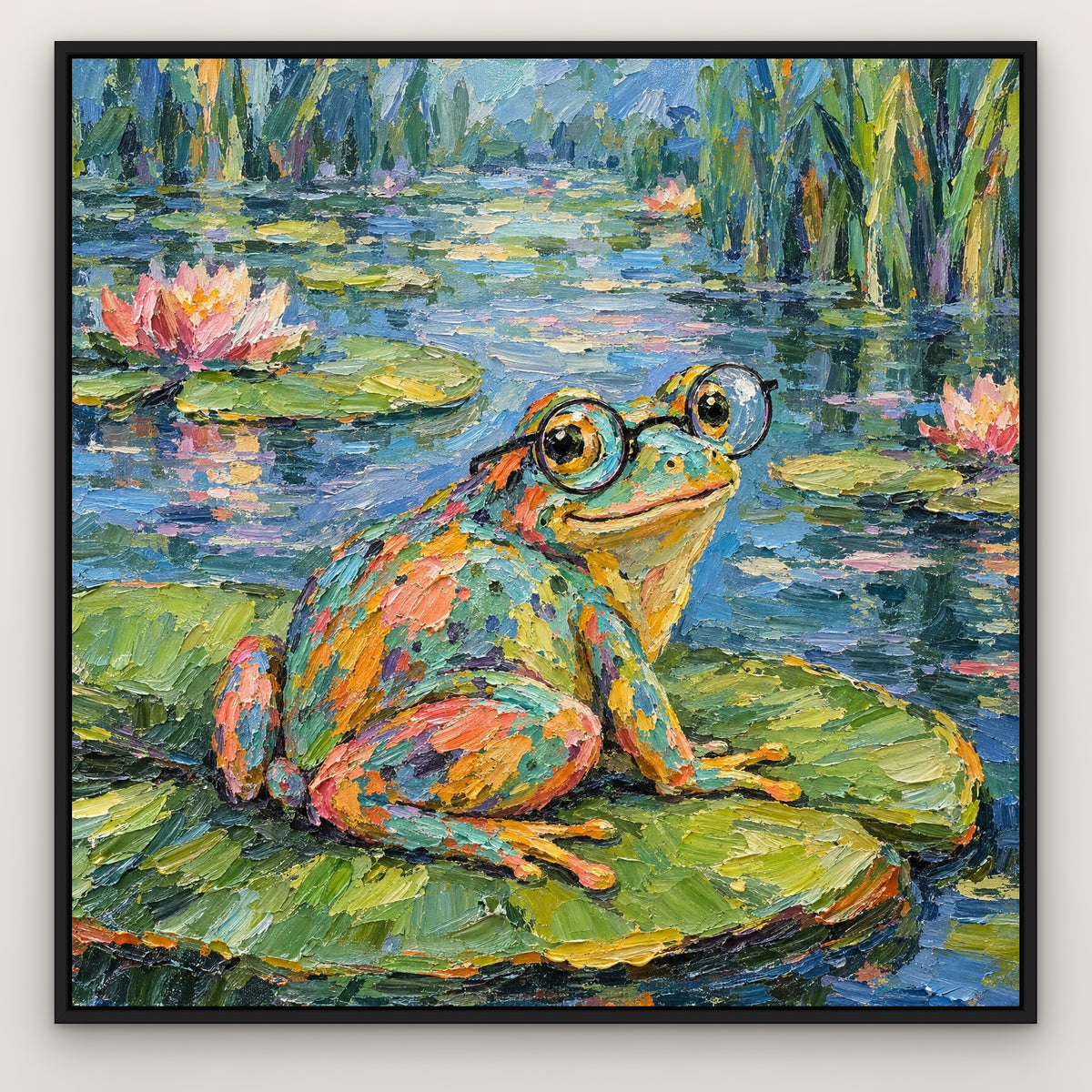 Bespectacled Frog, colourful pop art hand-painted canvas wall art in a slim black float frame – Gallery 23