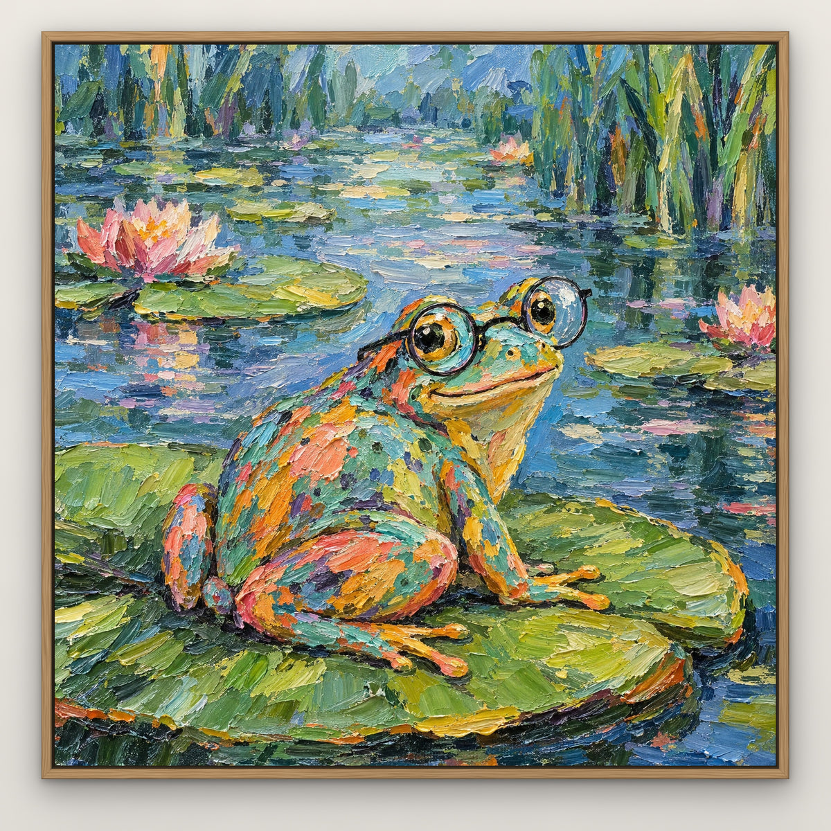 Bespectacled Frog, colourful pop art hand-painted canvas wall art in a slim oak float frame – Gallery 23