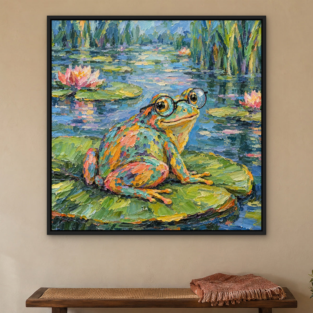 Bespectacled Frog, colourful pop art hand-painted canvas wall art in a bedroom – Gallery 23