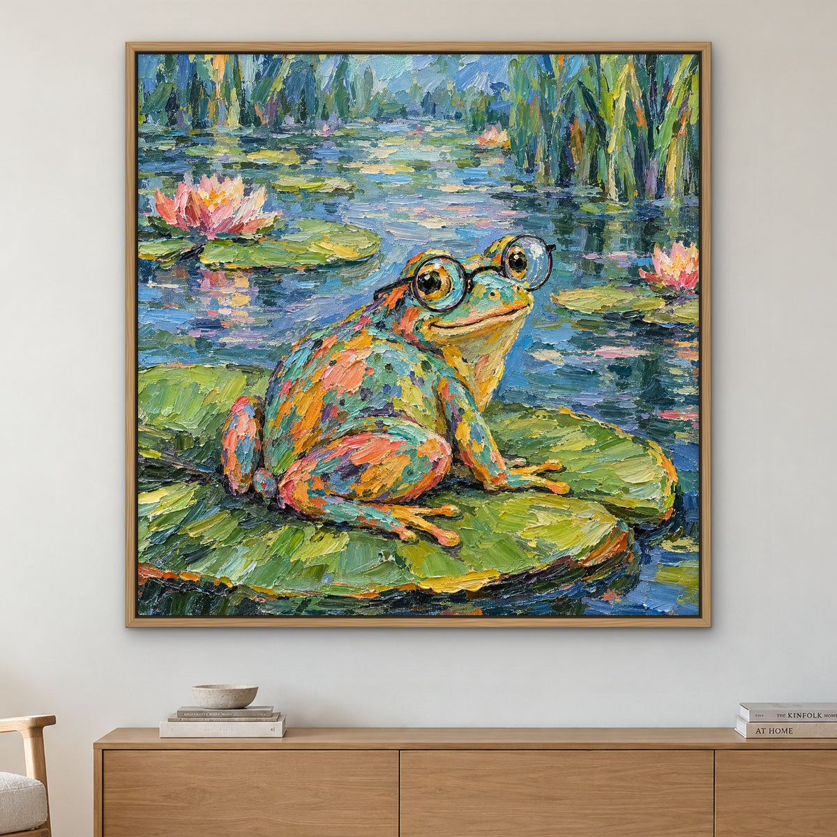 Bespectacled Frog, colourful pop art hand-painted canvas wall art in a living room – Gallery 23