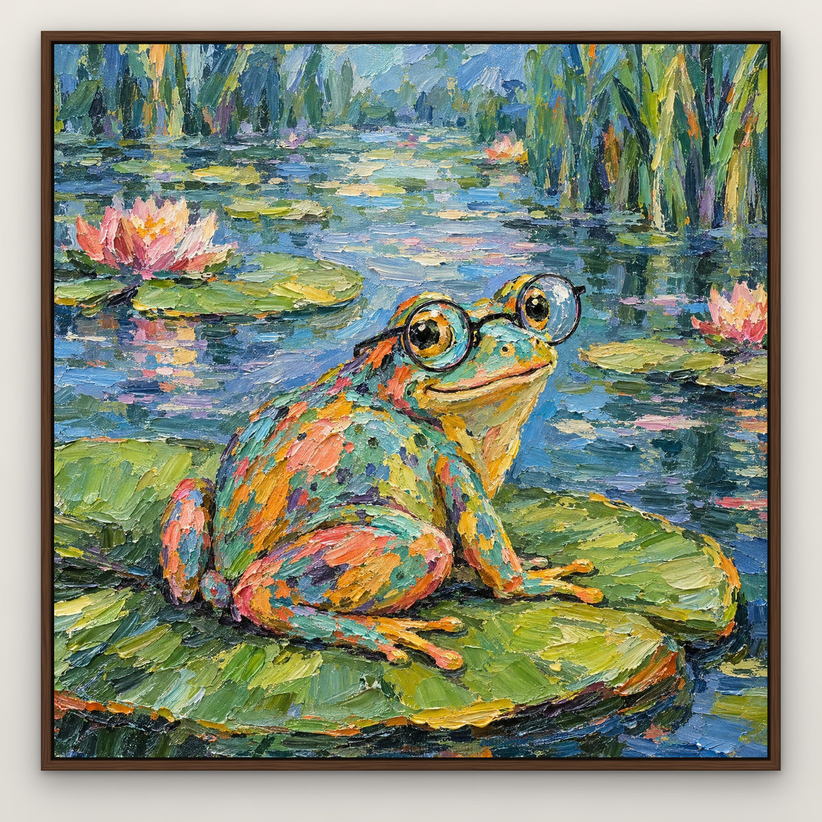 Bespectacled Frog, colourful pop art hand-painted canvas wall art in a slim walnut float frame – Gallery 23