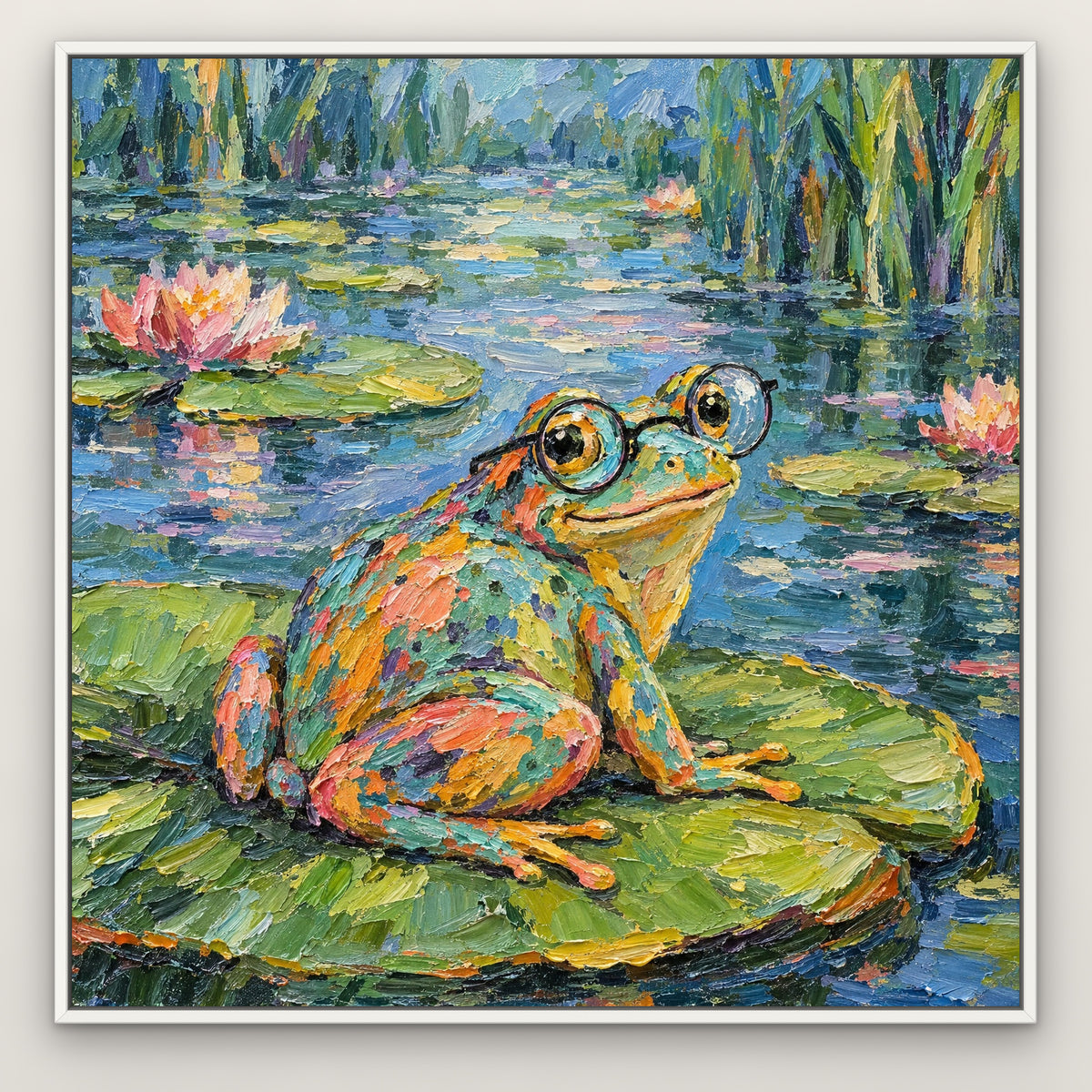 Bespectacled Frog, colourful pop art hand-painted canvas wall art in a slim white float frame – Gallery 23