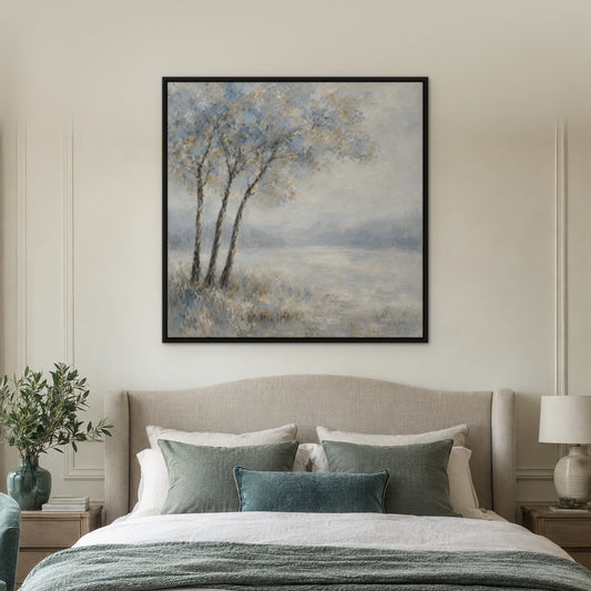 Blue Haze Tree, grey hand-painted canvas wall art in a bedroom – Gallery 23