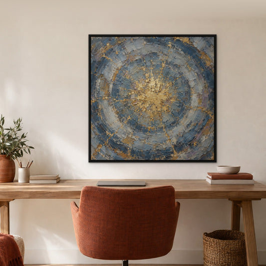 Blue Gold Patina, grey abstract hand-painted canvas wall art in a home office – Gallery 23