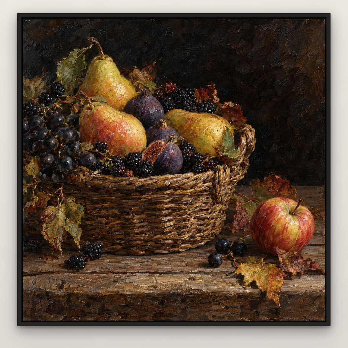 Dark Orchard Still Life, green hand-painted canvas wall art in a slim black float frame – Gallery 23