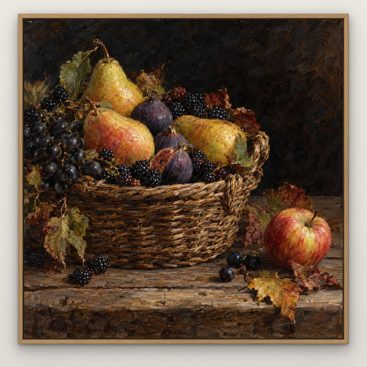 Dark Orchard Still Life, green hand-painted canvas wall art in a slim oak float frame – Gallery 23
