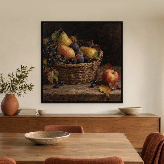 Dark Orchard Still Life, green hand-painted canvas wall art in a dining room – Gallery 23