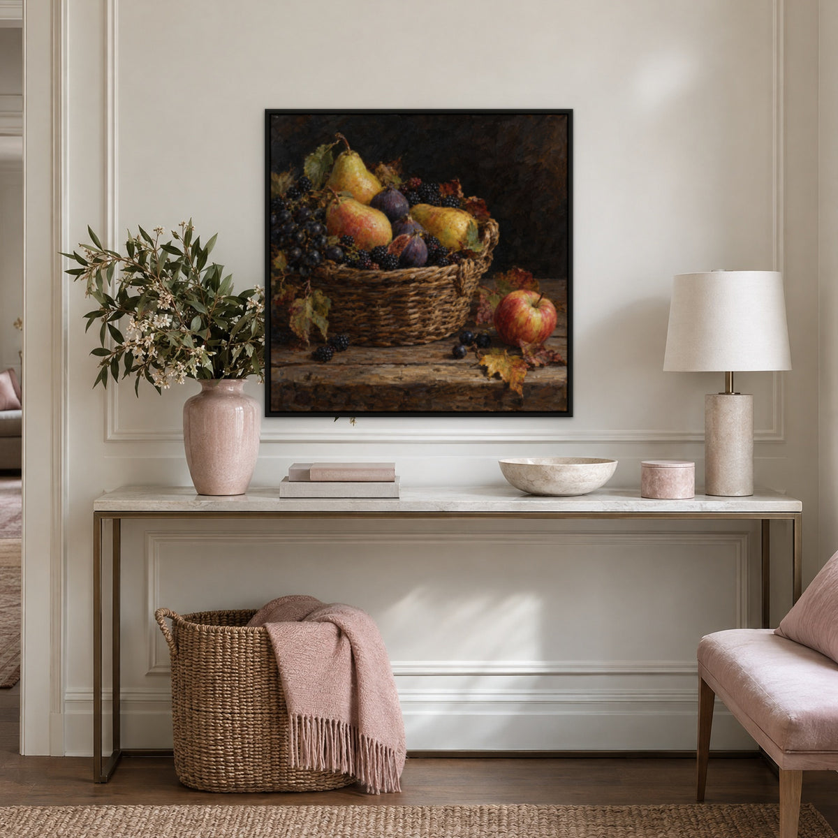 Dark Orchard Still Life, green hand-painted canvas wall art in a hallway – Gallery 23
