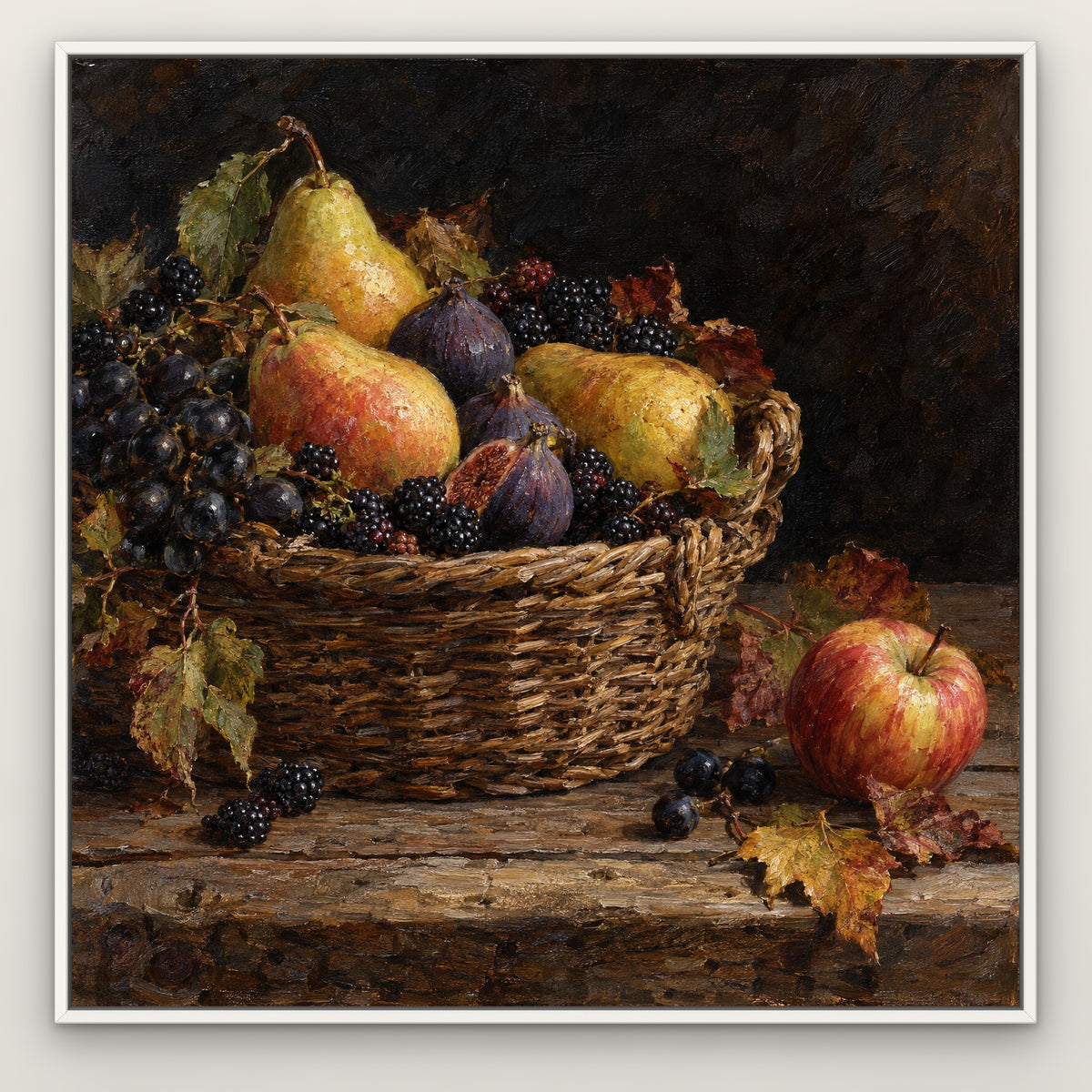 Dark Orchard Still Life, green hand-painted canvas wall art in a slim white float frame – Gallery 23