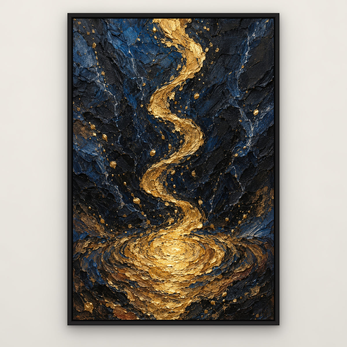 Gilded Midnight Drip, gold abstract hand-painted canvas wall art in a slim black float frame – Gallery 23