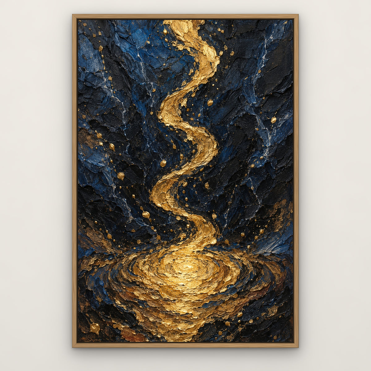 Gilded Midnight Drip, gold abstract hand-painted canvas wall art in a slim oak float frame – Gallery 23