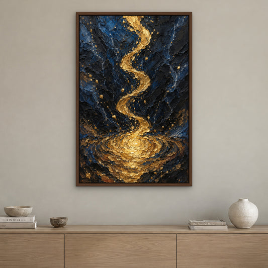 Gilded Midnight Drip, gold abstract hand-painted canvas wall art in a living room – Gallery 23