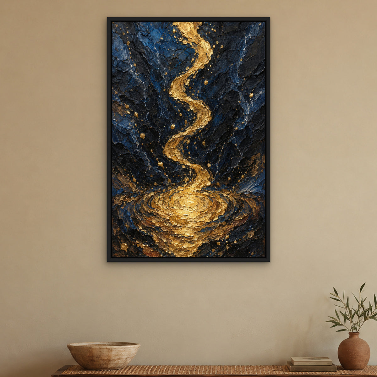 Gilded Midnight Drip, gold abstract hand-painted canvas wall art in a hallway – Gallery 23