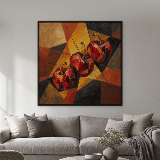 Cubist Cherries, colourful abstract hand-painted canvas wall art in a living room – Gallery 23