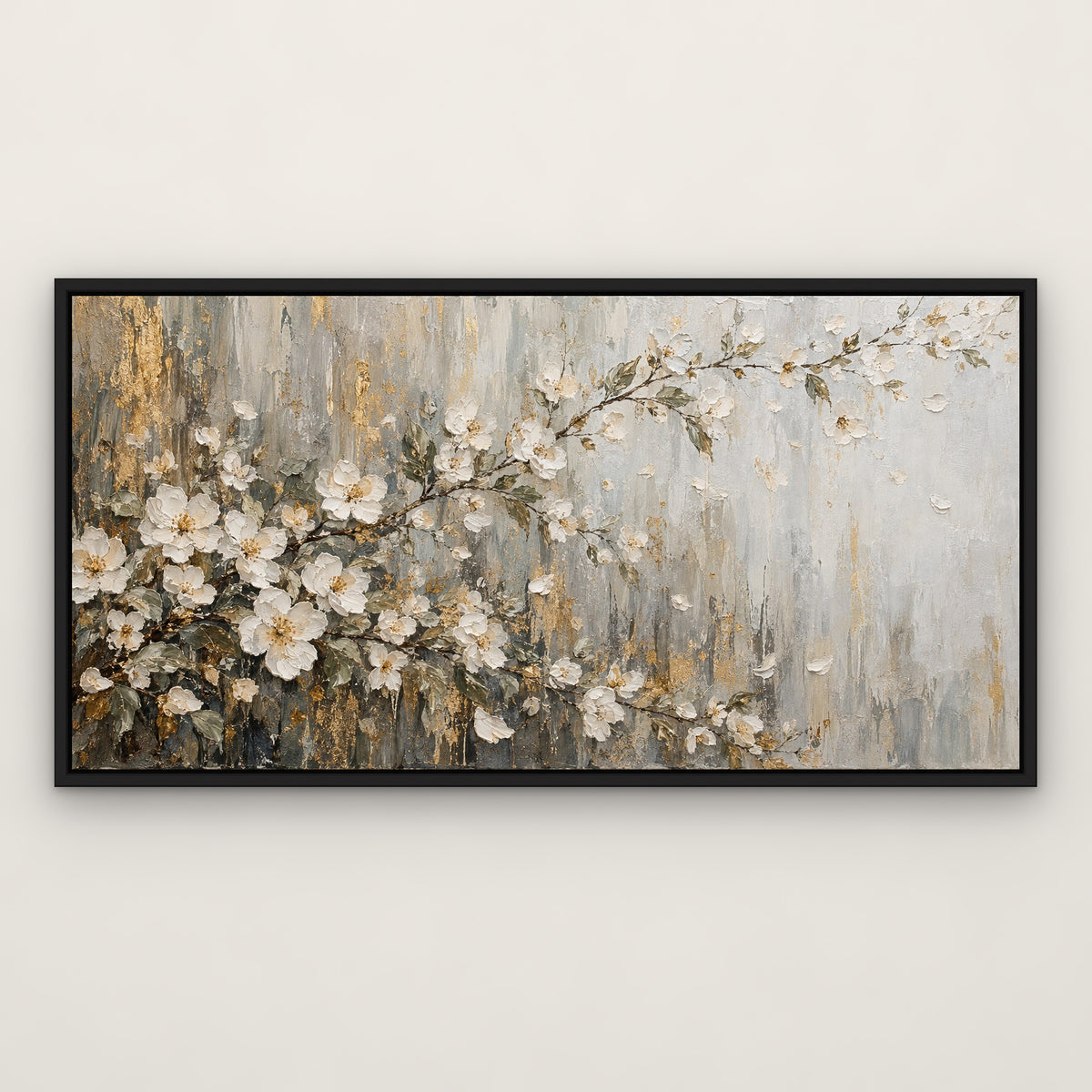 White Blossom Panorama, gold abstract hand-painted canvas wall art in a slim black float frame – Gallery 23