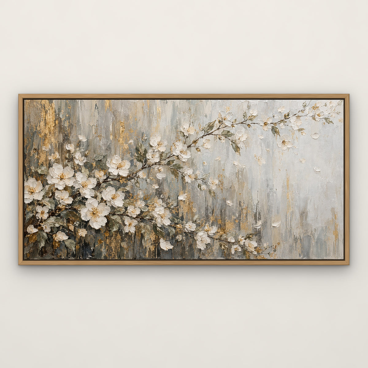 White Blossom Panorama, gold abstract hand-painted canvas wall art in a slim oak float frame – Gallery 23