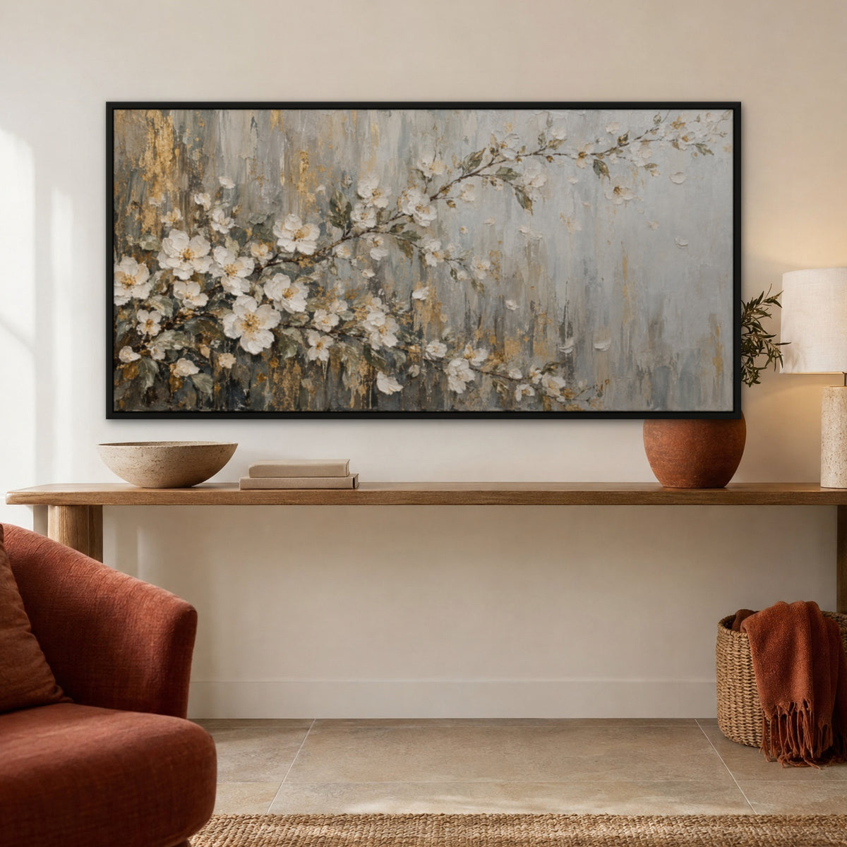 White Blossom Panorama, gold abstract hand-painted canvas wall art in a hallway – Gallery 23